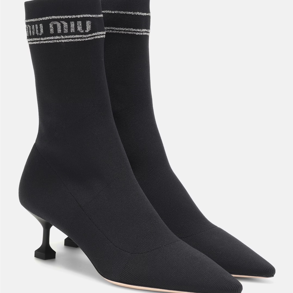 Miu Miu Ankle Boots Black Logo-Print Stretch-Knit Sock Booties